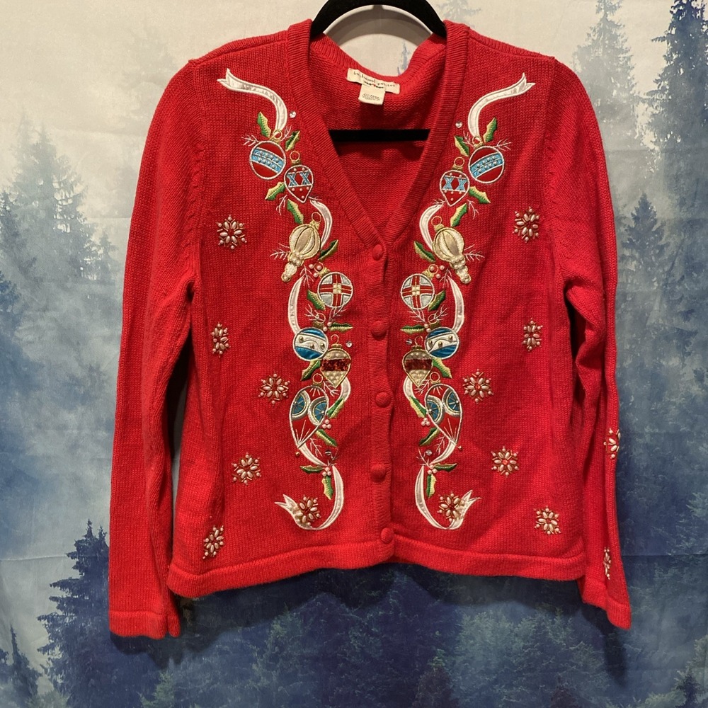 Bechamel Woman Red Cardigan Christmas Sweater Size:Petite M Ornaments Beaded‎